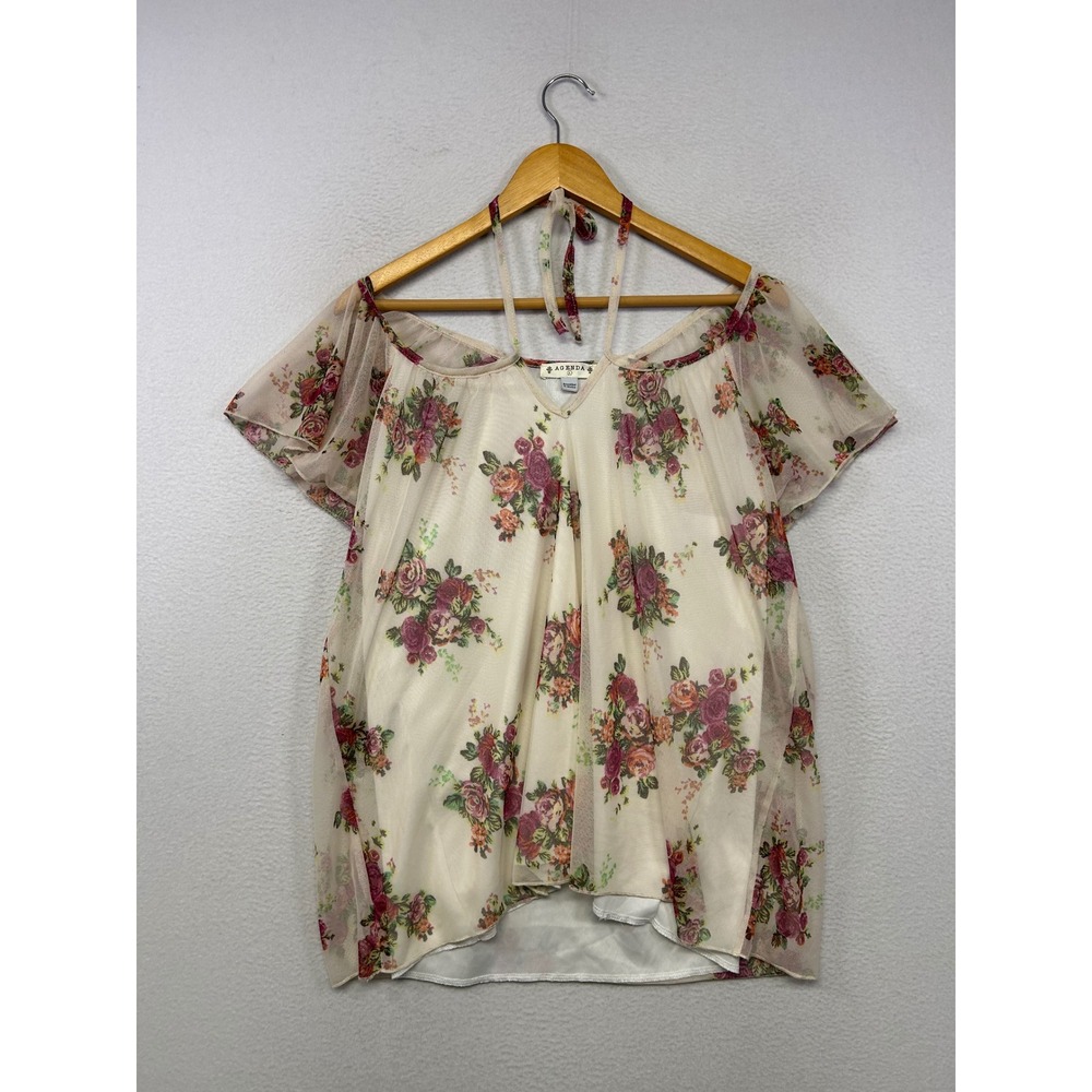 Fairy Whimsy Coquette Cottage Agenda Women Large White Floral Mesh Halter Blouse